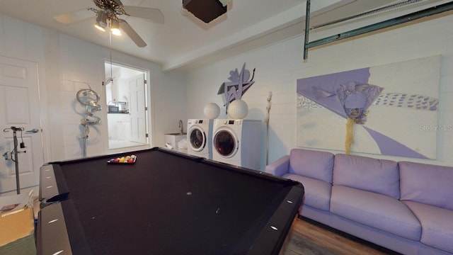 game room featuring ceiling fan, billiards, and washing machine and clothes dryer