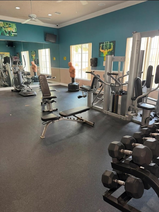 workout area featuring ornamental molding and ceiling fan