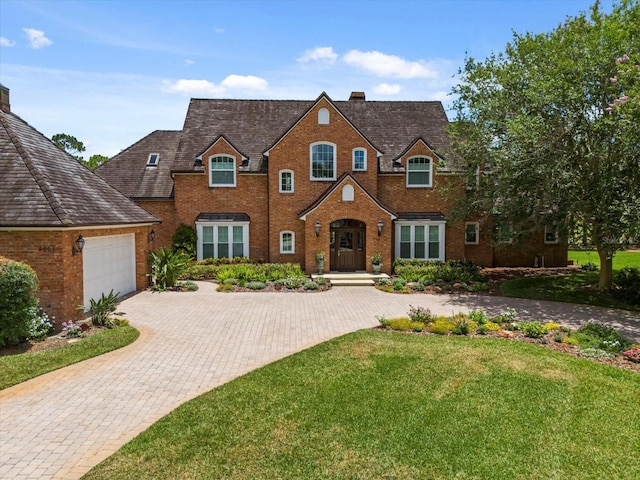 view of front of home featuring a garage, brick siding, a chimney, decorative driveway, and a front yard