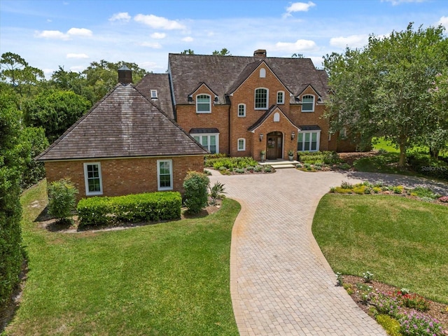 view of front facade featuring decorative driveway, brick siding, a chimney, and a front lawn