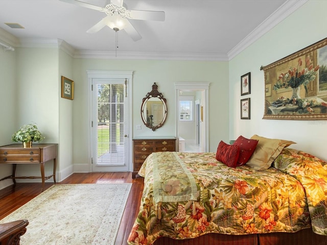 bedroom with ceiling fan, wood finished floors, baseboards, access to exterior, and crown molding