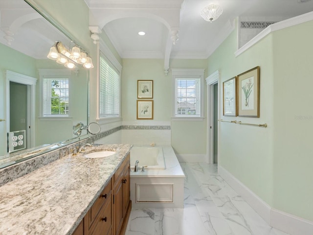 full bath with ornamental molding, a wealth of natural light, marble finish floor, and baseboards