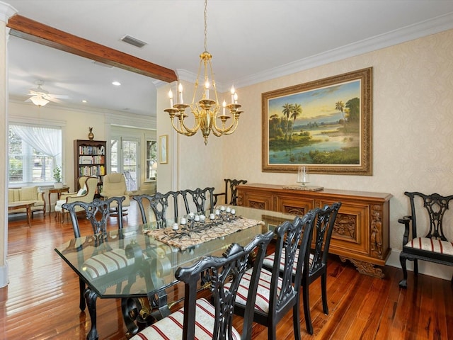 dining area with wallpapered walls, visible vents, wood-type flooring, crown molding, and beam ceiling