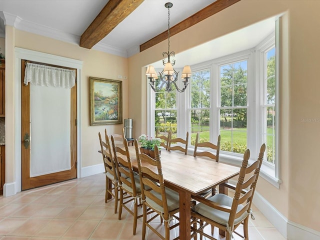 dining space featuring light tile patterned floors, baseboards, beam ceiling, and an inviting chandelier