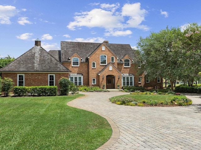 view of front of house featuring brick siding, a chimney, a front yard, and decorative driveway