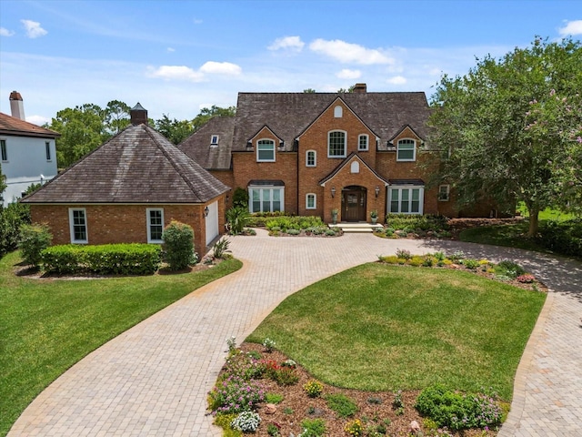 view of front of home featuring brick siding, decorative driveway, a chimney, and a front lawn