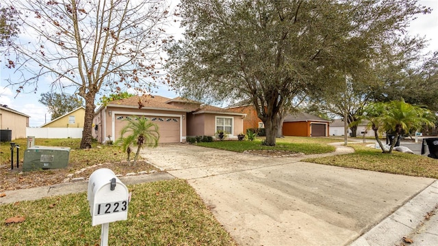 single story home featuring a garage, a front yard, and central air condition unit