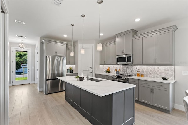 kitchen featuring pendant lighting, sink, appliances with stainless steel finishes, gray cabinetry, and tasteful backsplash