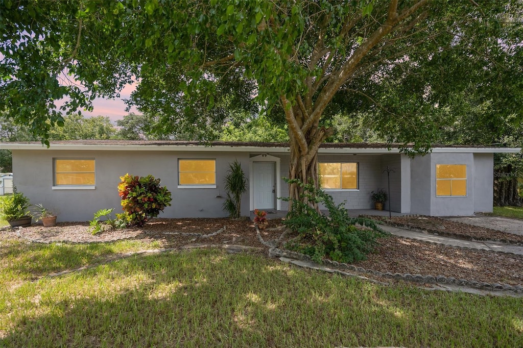 single story home with a lawn