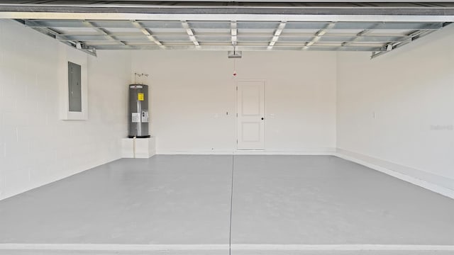 garage with electric panel and electric water heater