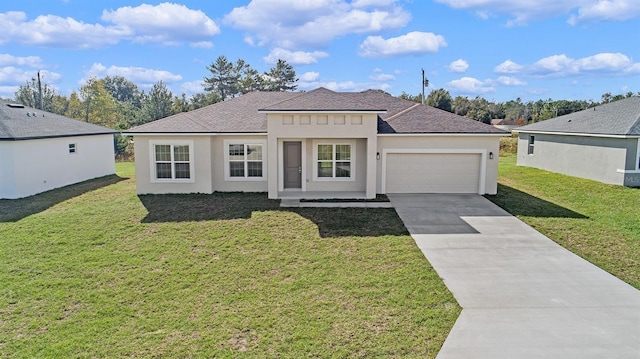 ranch-style house with a garage and a front lawn