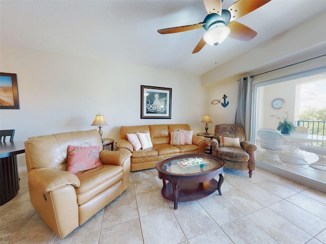 tiled living room with ceiling fan