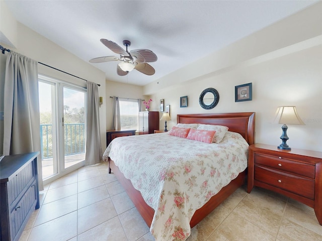 tiled bedroom featuring access to exterior and ceiling fan