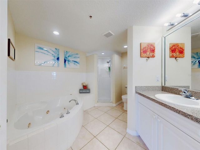 full bathroom with toilet, a textured ceiling, vanity, independent shower and bath, and tile patterned flooring