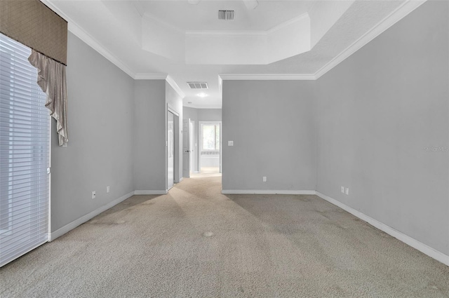 carpeted spare room with ornamental molding and a tray ceiling