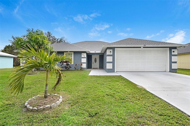 ranch-style home with a garage and a front yard