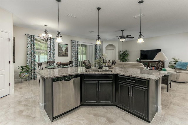 619 Meadow Sage Dr, Deland, FL 32724 - kitchen with dishwasher, sink, an island with sink, and light stone counters