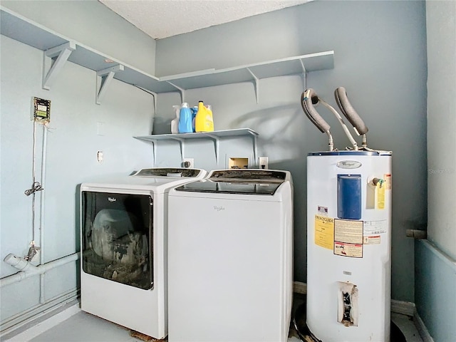 laundry room featuring independent washer and dryer, electric water heater, and a textured ceiling