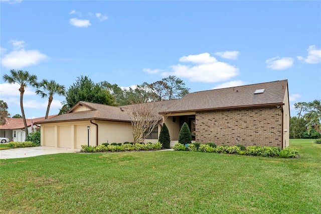 ranch-style home with a garage and a front yard