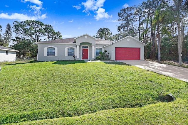 ranch-style house featuring a garage and a front yard