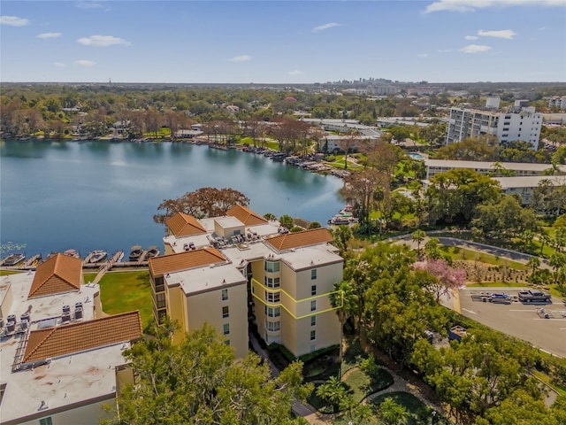 bird's eye view with a water view