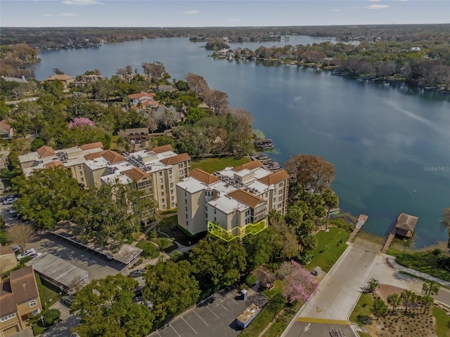 drone / aerial view featuring a water view