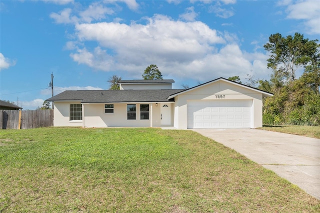 single story home featuring stucco siding, concrete driveway, fence, a garage, and a front lawn