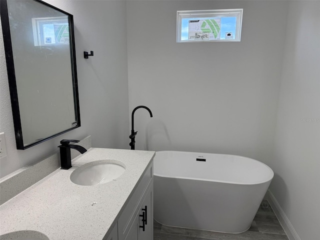 bathroom featuring plenty of natural light, vanity, wood finished floors, and a freestanding tub