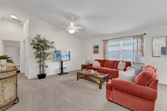 living room with light carpet, vaulted ceiling, and ceiling fan