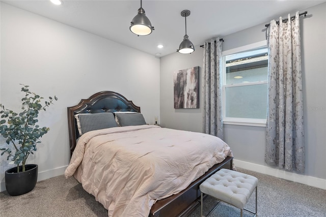 bedroom featuring carpet, baseboards, and recessed lighting