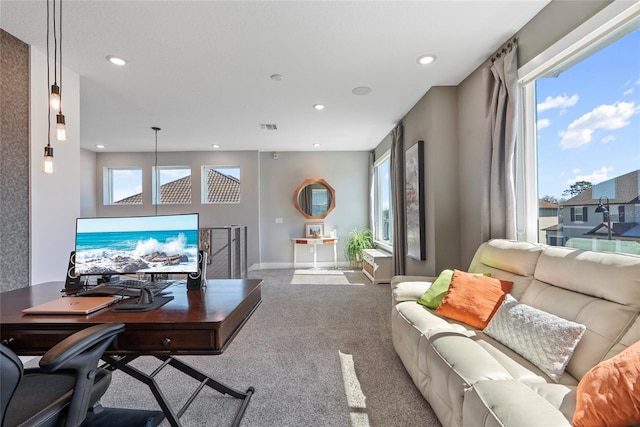 carpeted home office featuring visible vents, baseboards, and recessed lighting