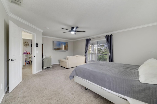 bedroom featuring visible vents, ornamental molding, light carpet, ceiling fan, and baseboards