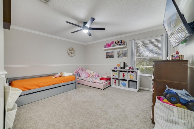 bedroom featuring light carpet, a textured ceiling, and crown molding