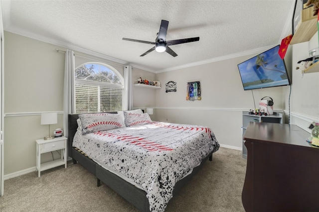 bedroom with carpet floors, crown molding, a textured ceiling, and baseboards