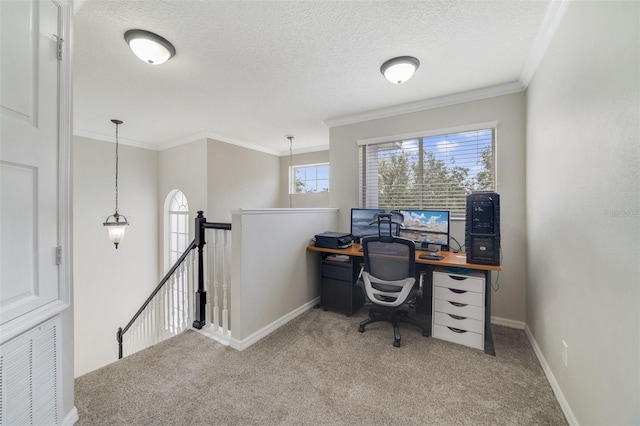 carpeted home office with visible vents, crown molding, a textured ceiling, and baseboards