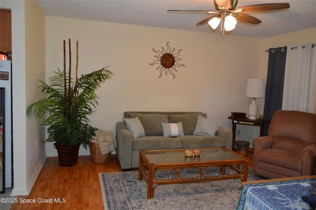 living room with ceiling fan and wood-type flooring