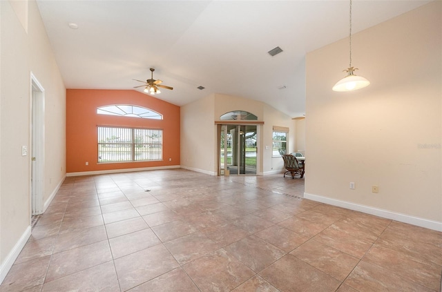 tiled spare room featuring high vaulted ceiling and ceiling fan