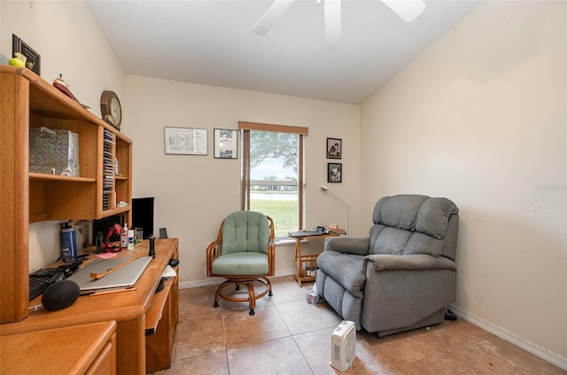 office featuring light tile patterned floors and ceiling fan