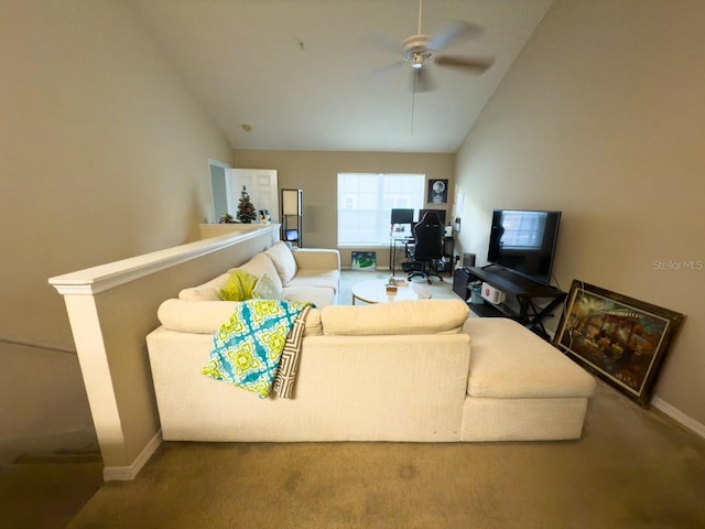 living room with carpet, high vaulted ceiling, and ceiling fan