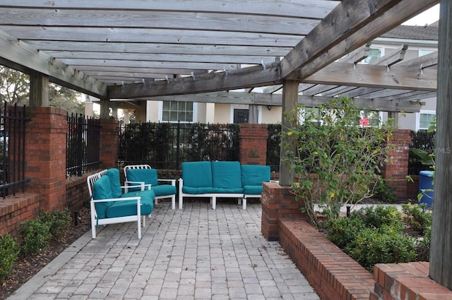 view of patio featuring a pergola and outdoor lounge area