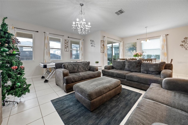 tiled living room with a textured ceiling