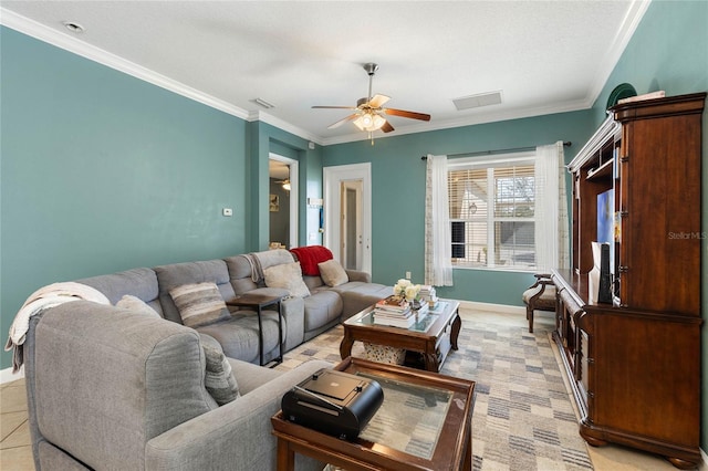 living room with crown molding and ceiling fan