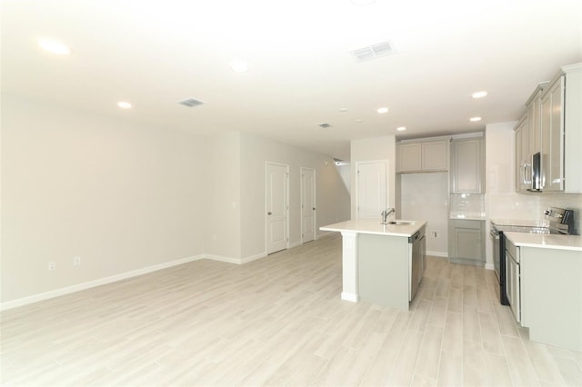 kitchen with sink, stainless steel appliances, an island with sink, decorative backsplash, and light wood-type flooring