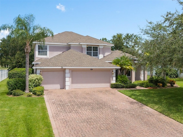 view of front of property featuring a garage and a front lawn