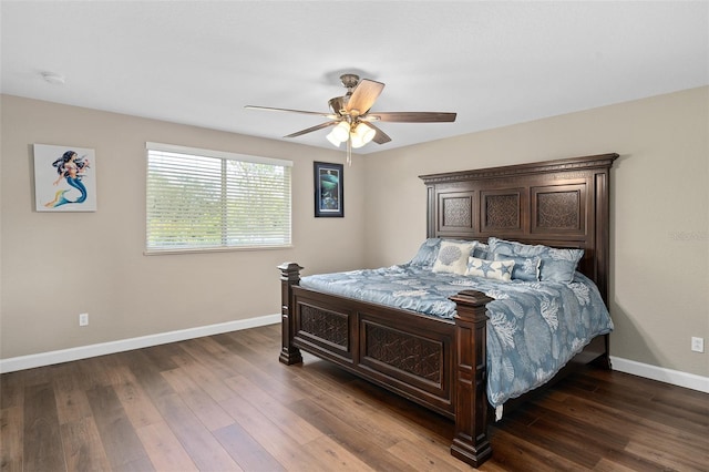 bedroom featuring dark wood-type flooring and ceiling fan