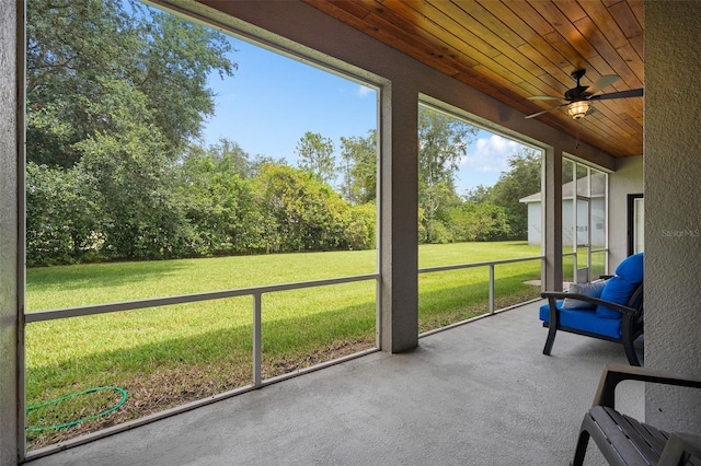 unfurnished sunroom featuring ceiling fan and wooden ceiling