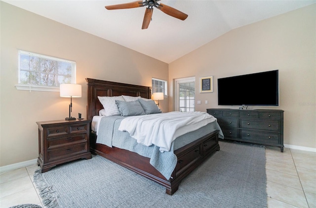 tiled bedroom with ceiling fan, access to exterior, and lofted ceiling