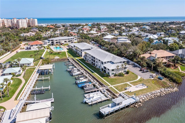 aerial view featuring a water view