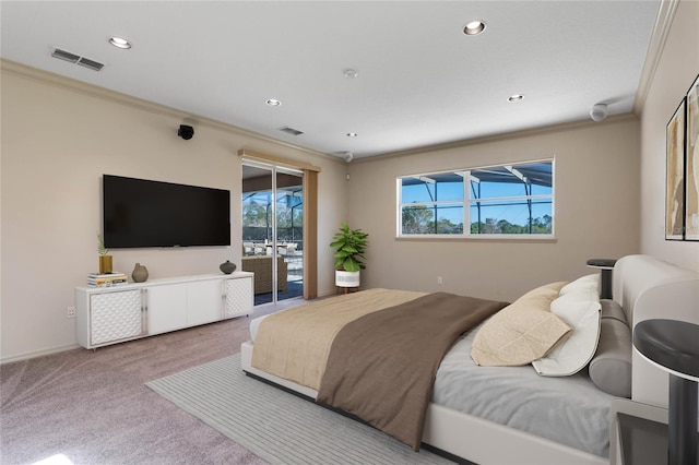 carpeted bedroom featuring access to outside, multiple windows, visible vents, and crown molding