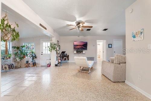 living room featuring ceiling fan